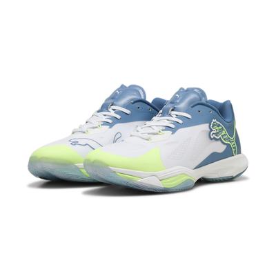 Trainingsschuh PUMA "Vantage NITRO™ Hallenschuhe Erwachsene" Gr. 41, weiß (white blue horizon fizzy apple yellow) Schuhe