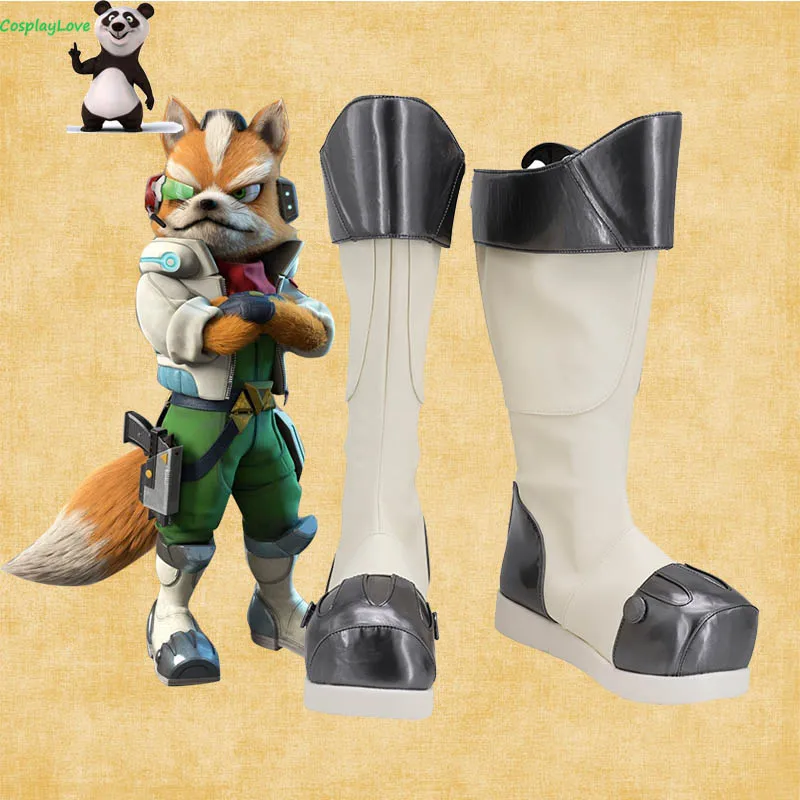 Nach Maß Starfox Fox McCloud Grau Weiß Cosplay Schuhe Cosplay Lange Stiefel Leder Nach Maß Für Party Weihnachten Halloween