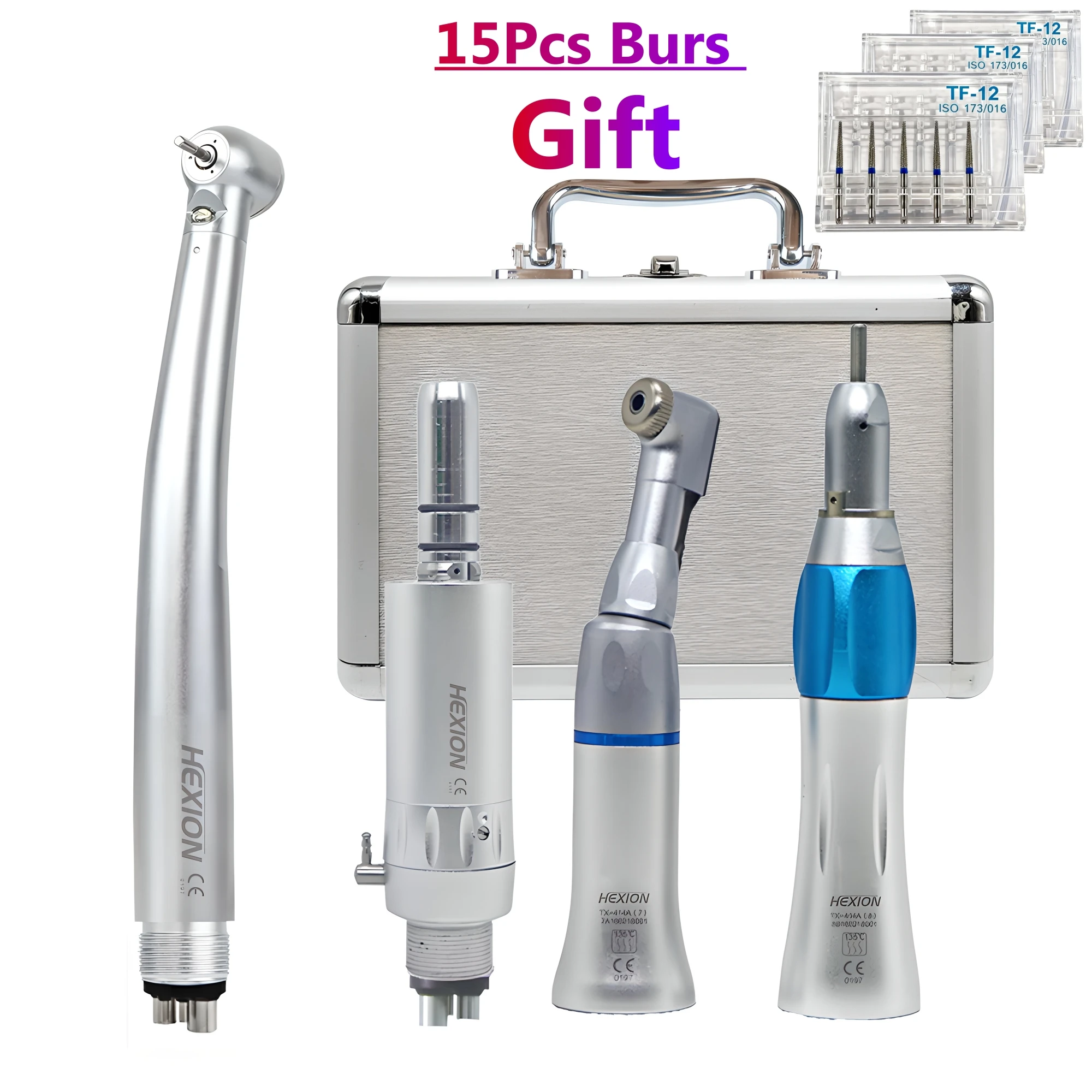 HEXION 4 Teile/satz LED High Speed Dental Handstück Akademische Kits + 15 PCs Bur Fres Metall Box Mit lichter Push Button Zahnmedizin Set Image