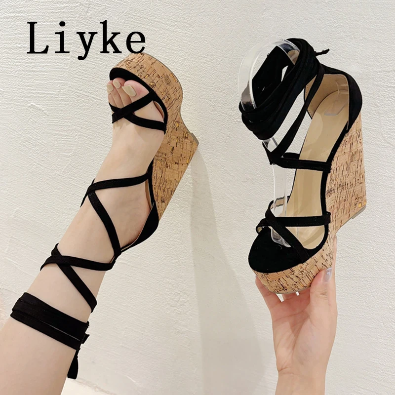 Liyke Sommer Super High Heels Plattform Keil Sandale Frauen Sexy Dicken Boden Offene spitze Ankle Cross Lace Up Damen Schuhe Größe 35-42