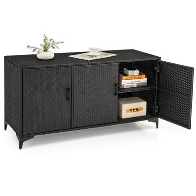 Costway 84 Gallon Patio Wicker Deck Box 3-Door PE Rattan Storage Container with Removable Shelves-Black