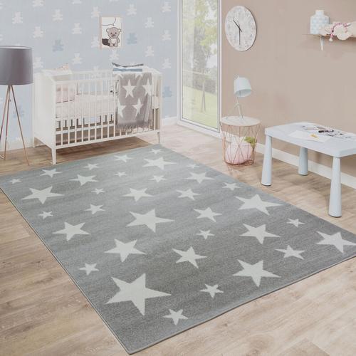 Moderner Kurzflor Kinderteppich Sternendesign Kinderzimmer Star Muster Grau Weiß ø 200 cm Rund