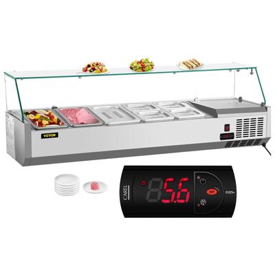 VEVOR Refrigerated Condiment Prep Station with 304 Stainless Body Tempered Glass Shield Digital Temp Display Auto Defros