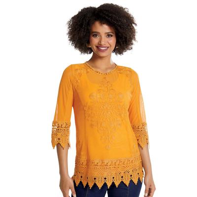 Masseys Embroidered Mesh Scalloped Top (Size 4X) Golden Glow, Nylon,Cotton,Polyester