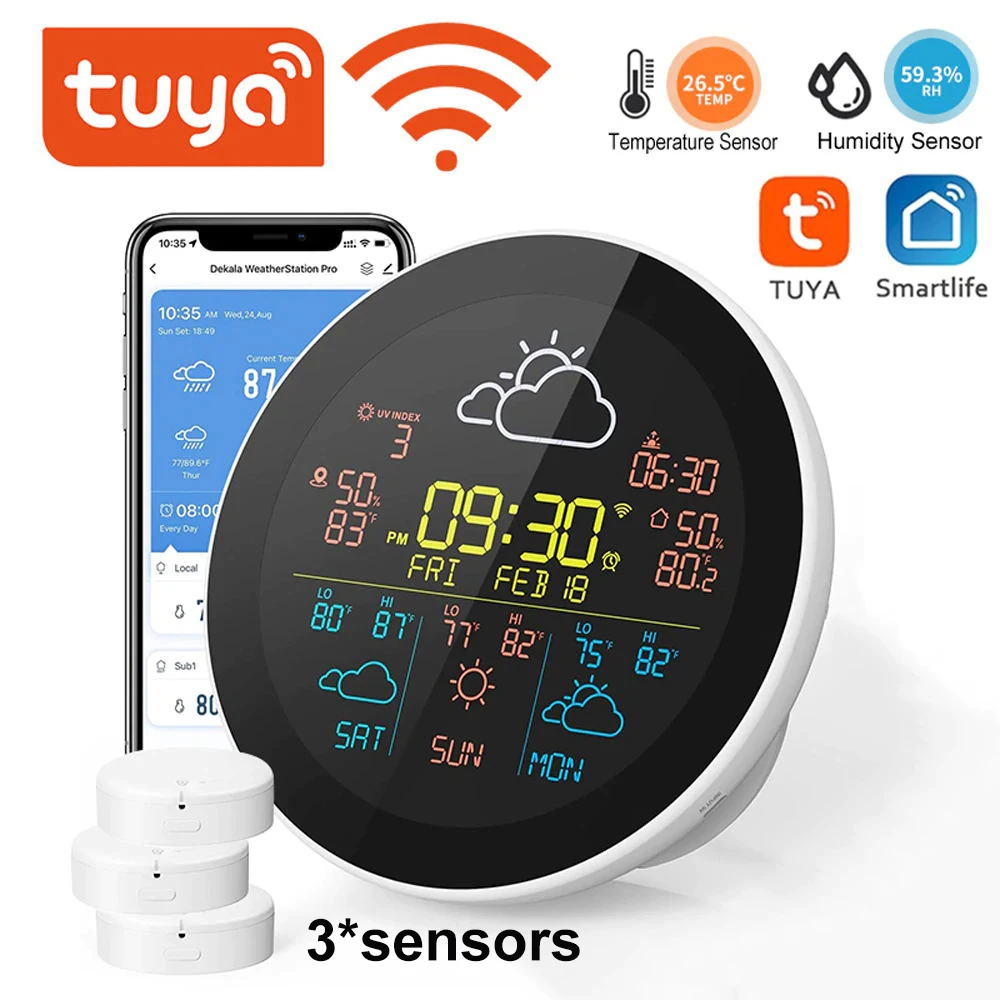 Tuya WiFi horloge météo intelligente prévisions météorologiques 3 jours Station météo thermomètre sans fil hygromètre écran LCD 1 capteurs