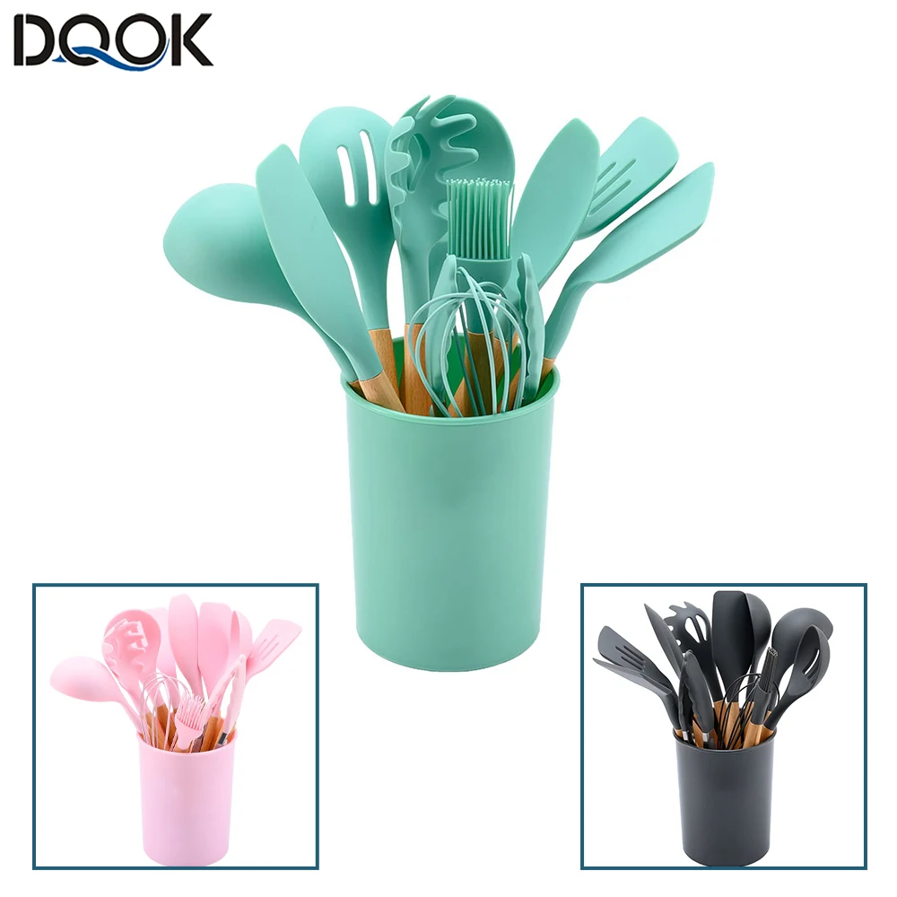 Ustensiles de cuisine en Silicone, ensemble d'ustensiles de cuisine antiadhésifs, spatule, pelle, batteurs d'œufs, manche en bois, ensemble d'outils de cuisine