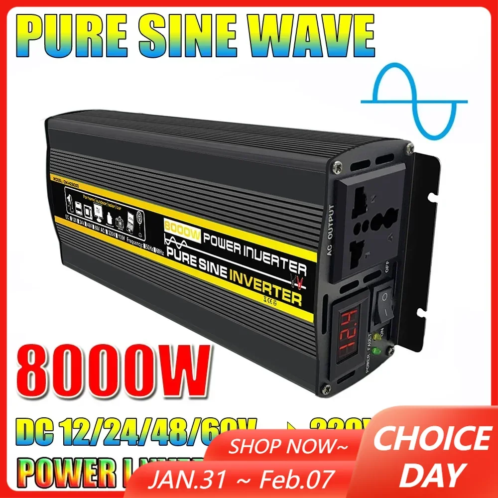 Onduleur à onde sinusoïdale Pure 12V/24V/48V/60V à AC 110V 220V 8000/6000/4000/3000W, transformateur de tension, convertisseur de puissance, onduleur solaire