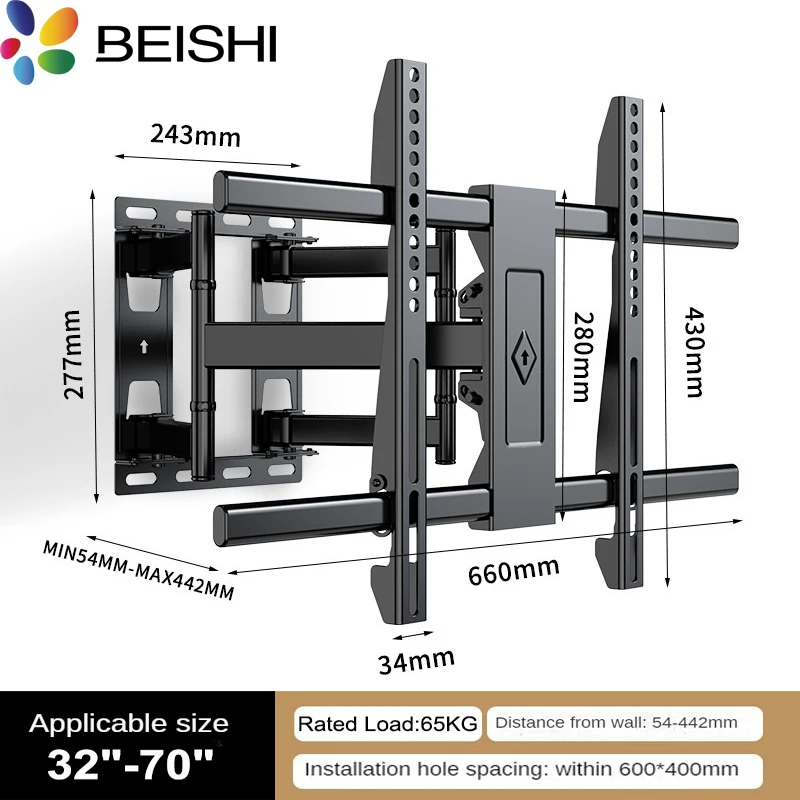Beishi tv halterung led lcd tv bildschirm wand halterung stretch einstellbare drehbare neigung tv halterung last bis 65kg vesa 600*400 Image
