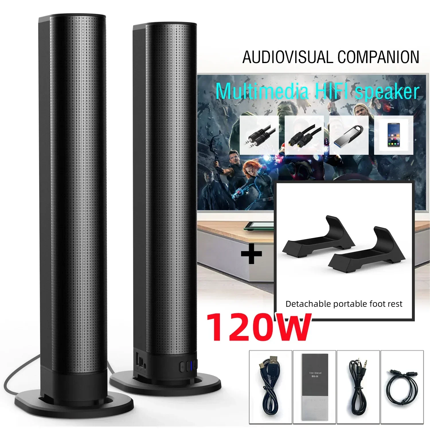 Barre de son Hi-Fi multimédia 120W pour home cinéma, enceintes colonnes sans fil Bluetooth pour système audio TV
