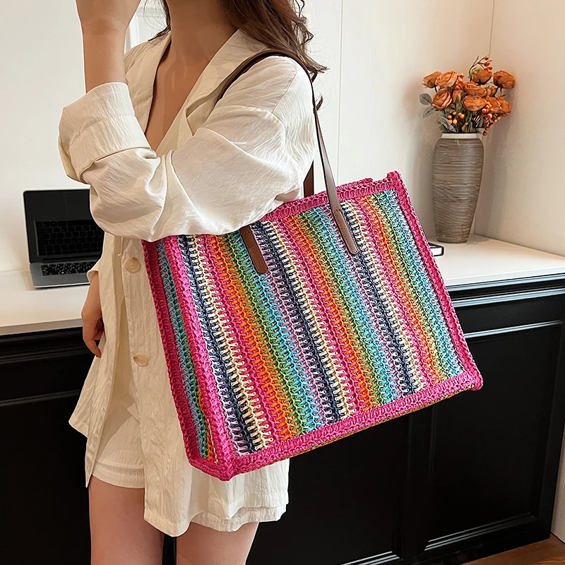Grands sacs fourre-tout en paille à rayures gauche pour femmes, sacs à bandoulière tendance été 2025 Y2k, sacs à main et bourses tissés, sac de plage