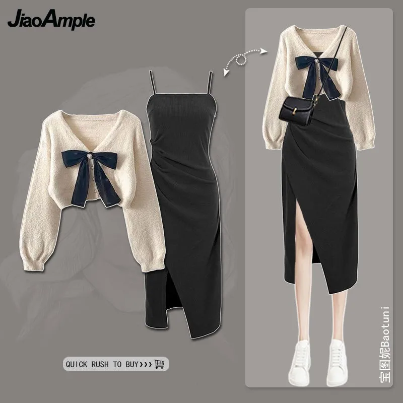 Ensemble de vêtements pour femmes, nouveau pull en tricot printemps-automne, deux pièces, 2026, élégant cardigan coréen à nœud, jupe à bretelles assortie, vêtements féminins