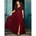 Robe de soirée en mousseline de soie bordeaux, grande taille, col en V, manches bouffantes à paillettes, longueur au sol, robe de demoiselle d'honneur, 4XL, 5XL