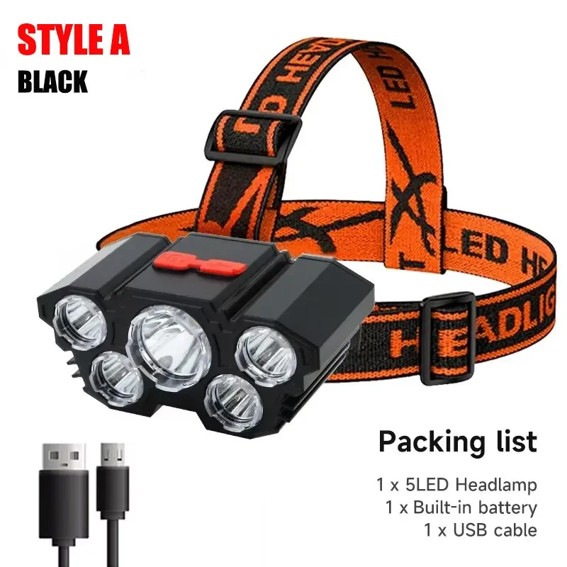 Torcia a 5 LED ricaricabile con batteria al litio incorporata Forte luce frontale da campeggio Avventura Pesca Ciclismo Lampada frontale