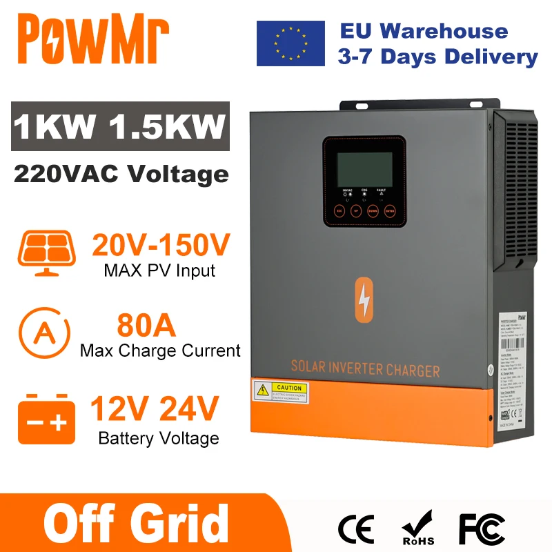 PowMr 1000W 1500W onduleur solaire hybride 12V 24V 220V hors réseau onduleur à onde sinusoïdale Pure double sortie avec chargeur solaire MPPT 80A