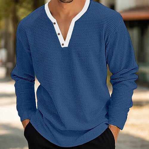Herren Waffel-Henley-Hemd T-Shirt langarmshirt Feste Farbe V Ausschnitt Outdoor Casual Langarm Patchwork Taste Bekleidung Modisch Designer Komfortabel Image