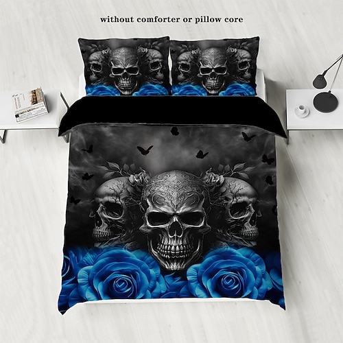 3-teiliges Bettwäscheset mit coolem Gothic-Totenkopf-Blumendruck – einzigartiges und künstlerisches Design – enthält Bettbezug und Kissenbezüge – weicher und strapazierfähiger Stoff – perfekt, um Image
