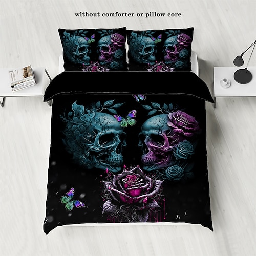 3-teiliges Bettwäscheset mit coolem Gothic-Totenkopf-Blumendruck – einzigartiges und künstlerisches Design – enthält Bettbezug und Kissenbezüge – weicher und strapazierfähiger Stoff – perfekt, um Image