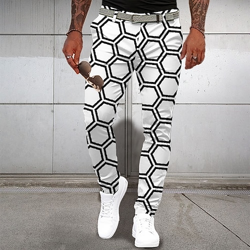 Herren Anzughose Tasche 3D-Druck Knöpfe Karomuster Volle Länge Formell Geschäft Lässig Weiß Unelastisch Image