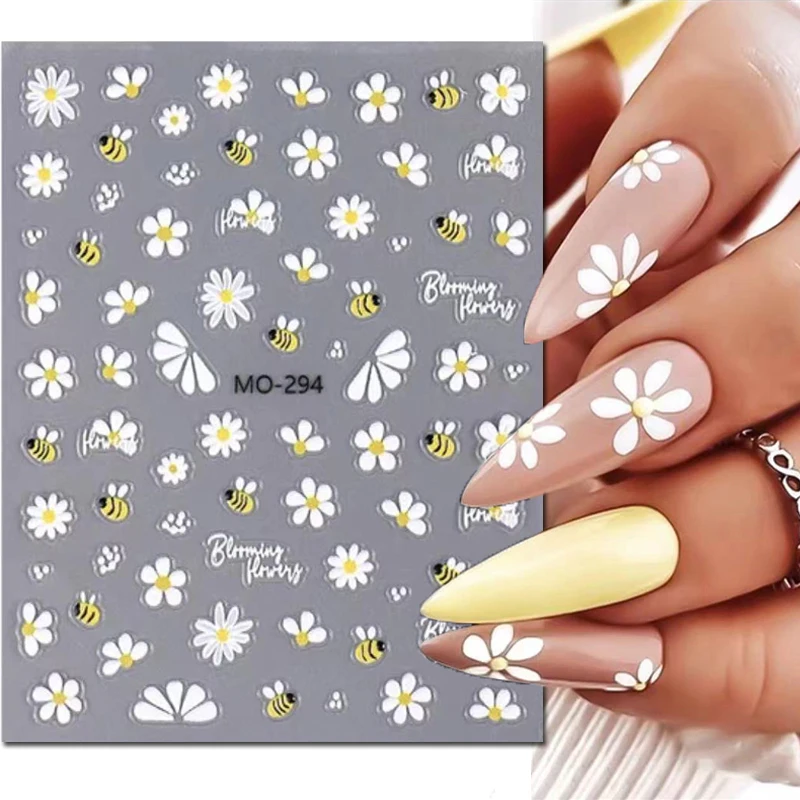 5d adesivi per nail art in rilievo api piccole margherita bianca fiori cursori adesivi decalcomanie decorazioni per punte per unghie manicure