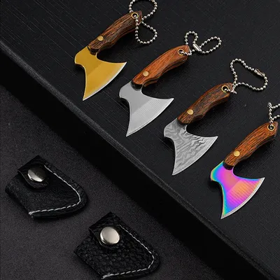 Mini 440 Stainless Steel Axe Hatchet Pocket Knife Keychain EDC Full Tang Wood Handle Gift with