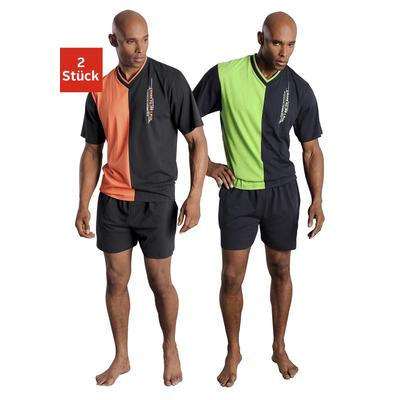 Pyjama LE JOGGER, Herren, Gr. 48/50 (M), bunt (grün, orange), Obermaterial: 100% Baumwolle, colorblocking, Basic, bequem kurz, V-Ausschnitt, Kurzarm, Homewear-Sets, mit 2-farbigem T-Shirt, Topseller Image