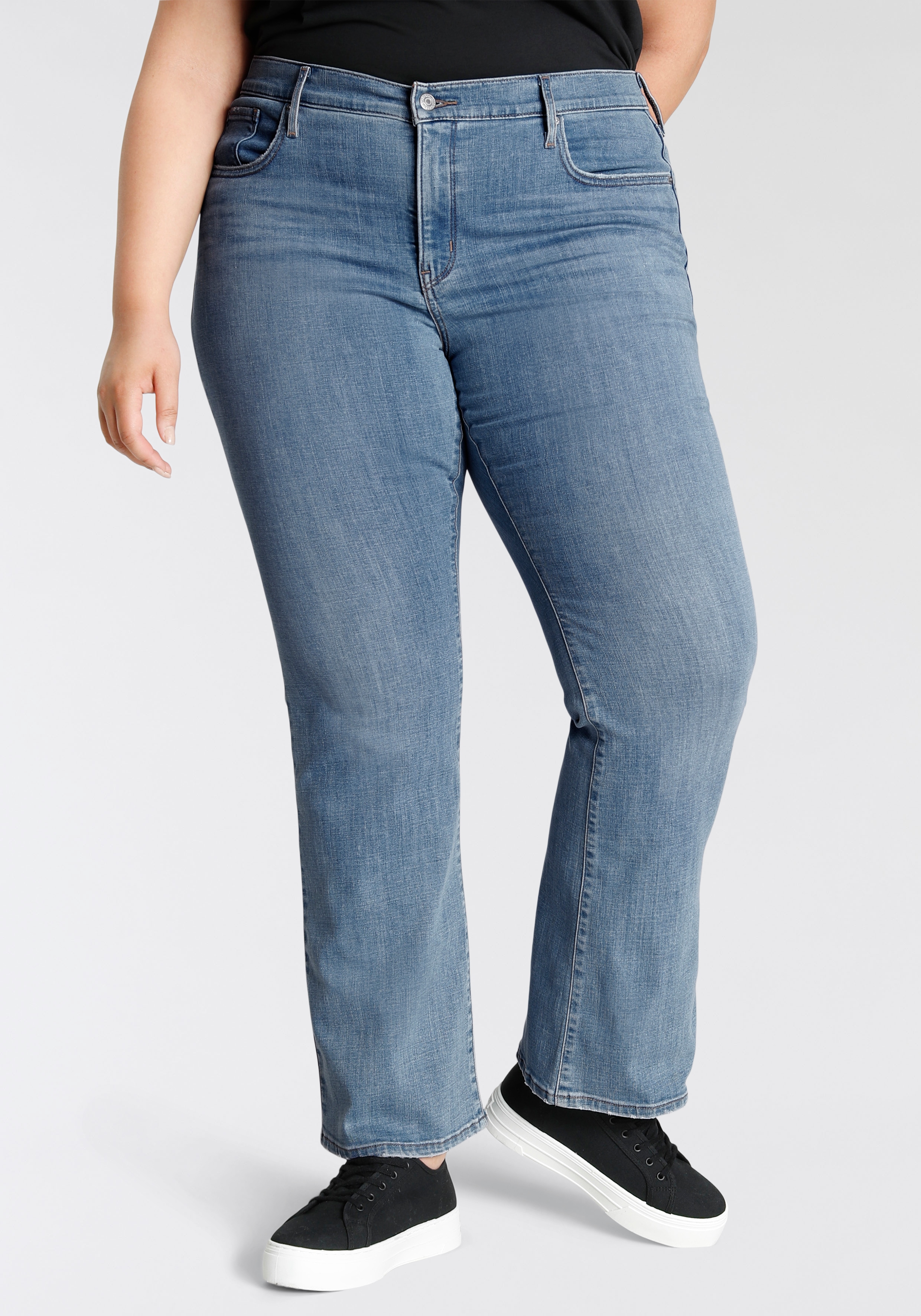 Bootcut-Jeans LEVI'S PLUS "315", Damen, Gr. 14 (46), Länge 32, blau (mid, blau, used), Denim/Jeans, Obermaterial: 60% Baumwolle, 23% Viskose, 16% Polyester, 1% Elasthan, bootcut fit lang, Jeans, Shaping