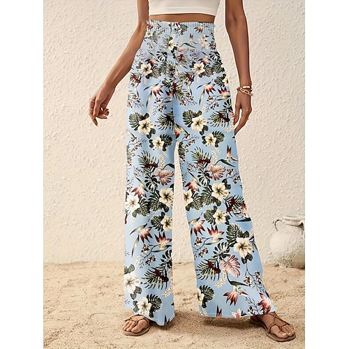 Damen Weites Bein Hosen Hose Alltagstauglich Lang Blumen Weites Bein Drucken Atmungsaktivität Bequem Mikroelastisch Urlaub Wochenende Blau Rosa Marinenblau Aprikose Frühling Sommer Normale Passform Image