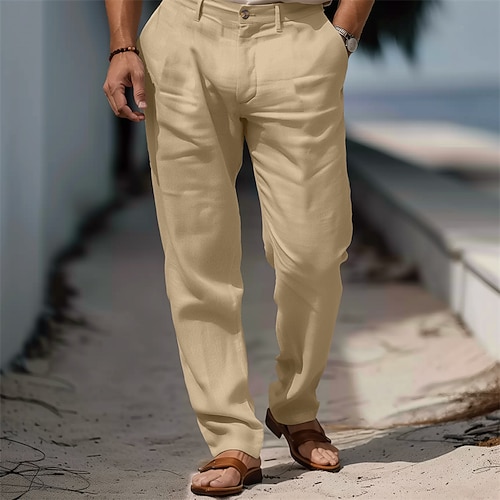 Herren Leinenhosen Hose Anzughose Sommerhose Strandhose Fronttasche Gerader Schnitt Einfach Komfort Atmungsaktiv Volle Länge Formell Geschäft Ferien Mode Basic Weiß Marineblau Image