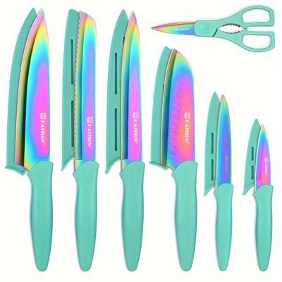 TEMU Kitchen Knife Set With Guards, 13 Piece Rainbow Titanium Coated Stainless Steel Boxed Knives Set, Anti-rust And Dishwasher Safe, 6 Knives With 6 Blade Covers And Kitchen Shears