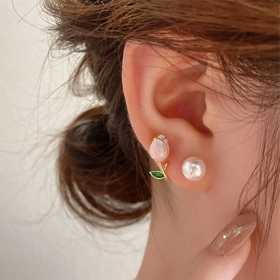ZAKOL Ohrstecker mit frischer Rose und Imitationsperle, süße rosa Tulpen-Ohrringe, exquisite neue Accessoires für Frauen, trendiger Schmuck Image