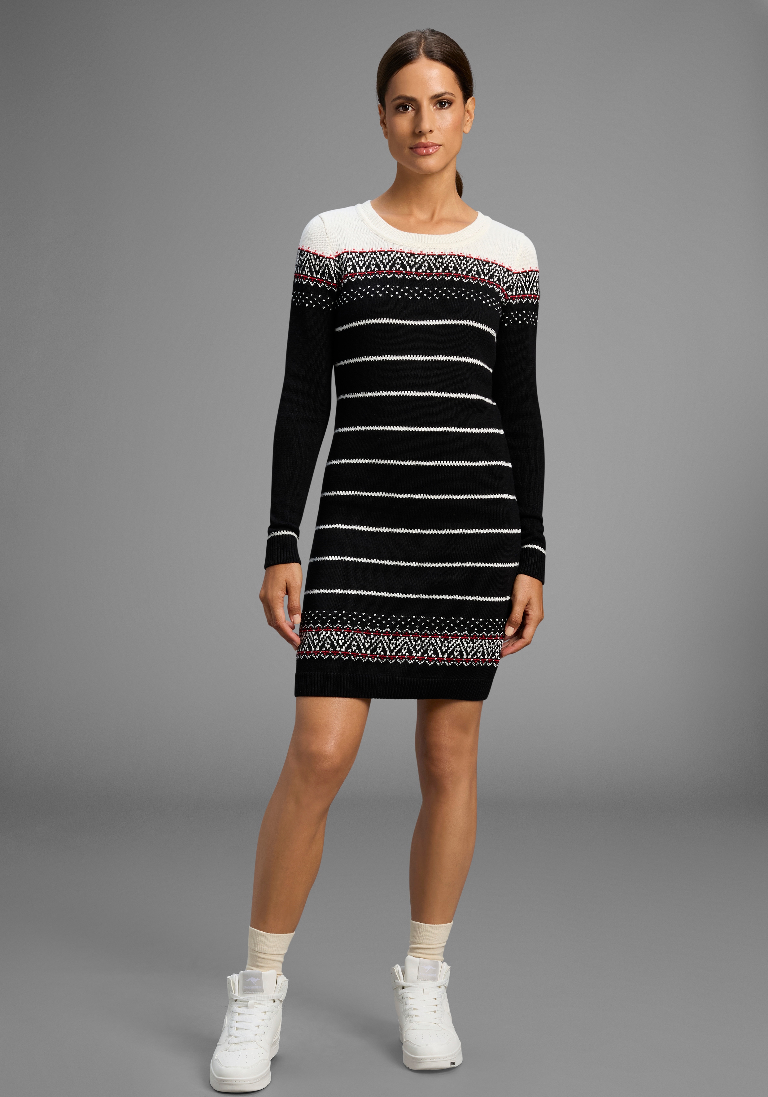 Strickkleid KANGAROOS, Damen, Gr. 38, N-Gr, schwarz (schwarz gemustert), Strick, Obermaterial: 50% Baumwolle, 50% Polyacryl, gemustert, figurbetont mini, Rundhals, Rippbündchen, Kleider Strickkleid, figurbetont, im Norweger-Stil, aus...