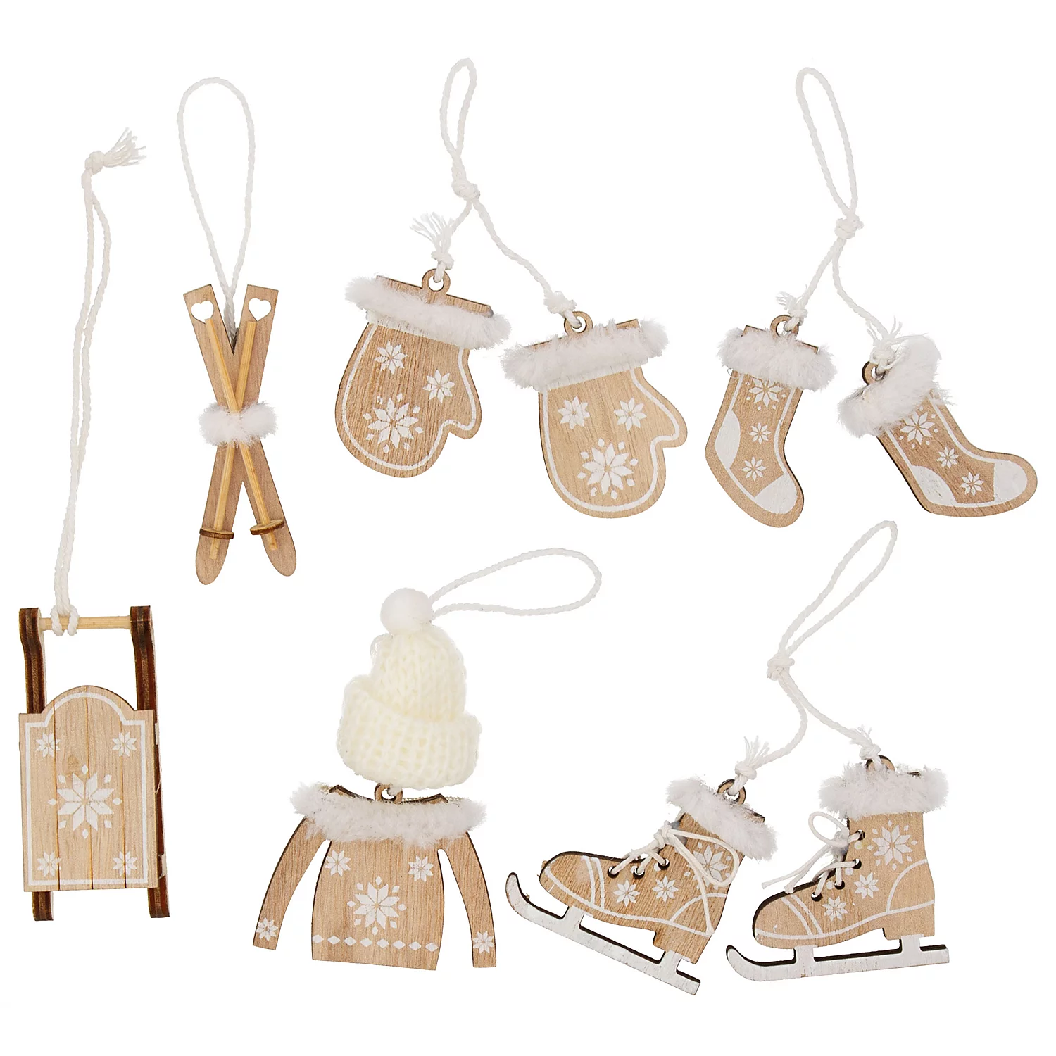 Suspensions en bois "hiver", écru naturel/blanc, 6 pièces