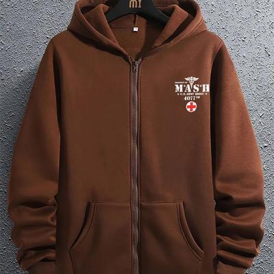 TEMU Letter Print Men's Long Sleeve Hoodie, Zip-up Hooded Sweatshirt With Kangaroo Pocket, Casual Comfy Top For Autumn & Winter Image