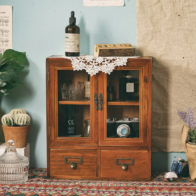 Nordic Massivholz Retro Holz Doppeltür Vitrine Verschiedene Kosmetik Schrank Schublade Desktop Aufbewahrungsbox Image
