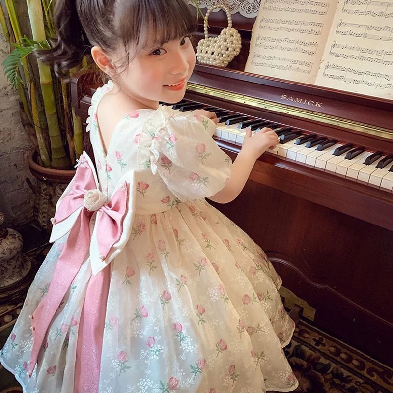 Sommer Neue Mädchen Prinzessin Kleid Voller Druck Blumen Puff Sleeve Bogen Mesh DresseTutu Geburtstag Party Kleid Für 2-8 jahre Kinder Image