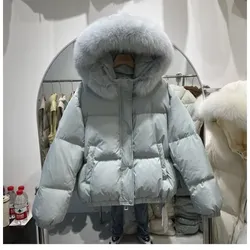 Doudoune à capuche en duvet de canard blanc pour femme, grand col en fourrure véritable, vestes d'hiver pour femme, pardessus tendance pour femme