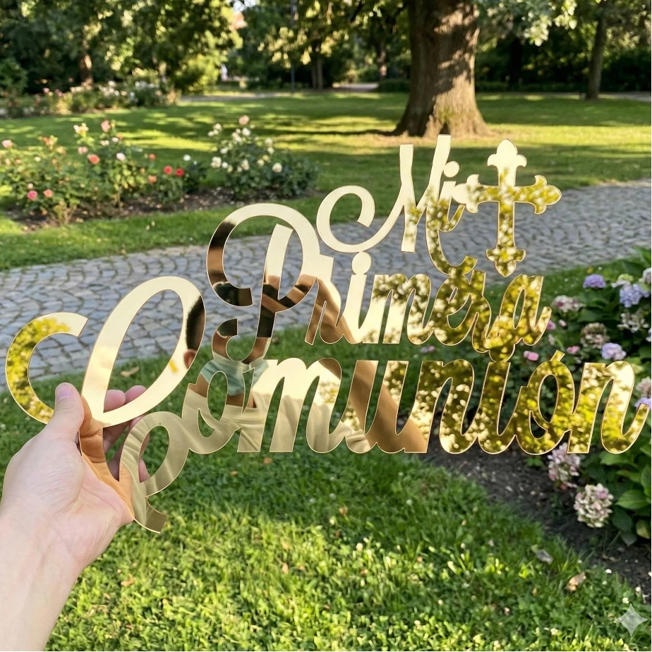 Mi Primera Comunion Holzschild Acrylspiegel Gold Silber Schwarz Weiß Spanisch Meine ersten Taufe Partydekorationen Image