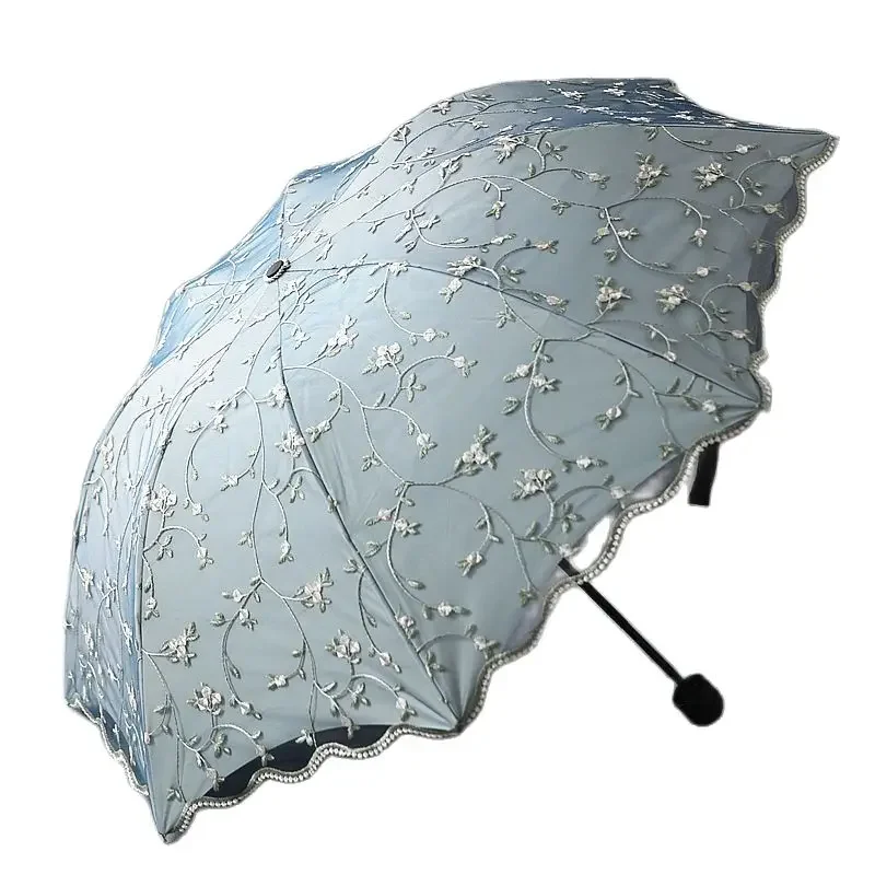 Frau Falten Regenschirm Retro Damen Spitze Regenschirm Regen Bildschirm Stickerei Blumen Doppel Schicht Sonnenschirme Parapluie Geschenk SY337 Image