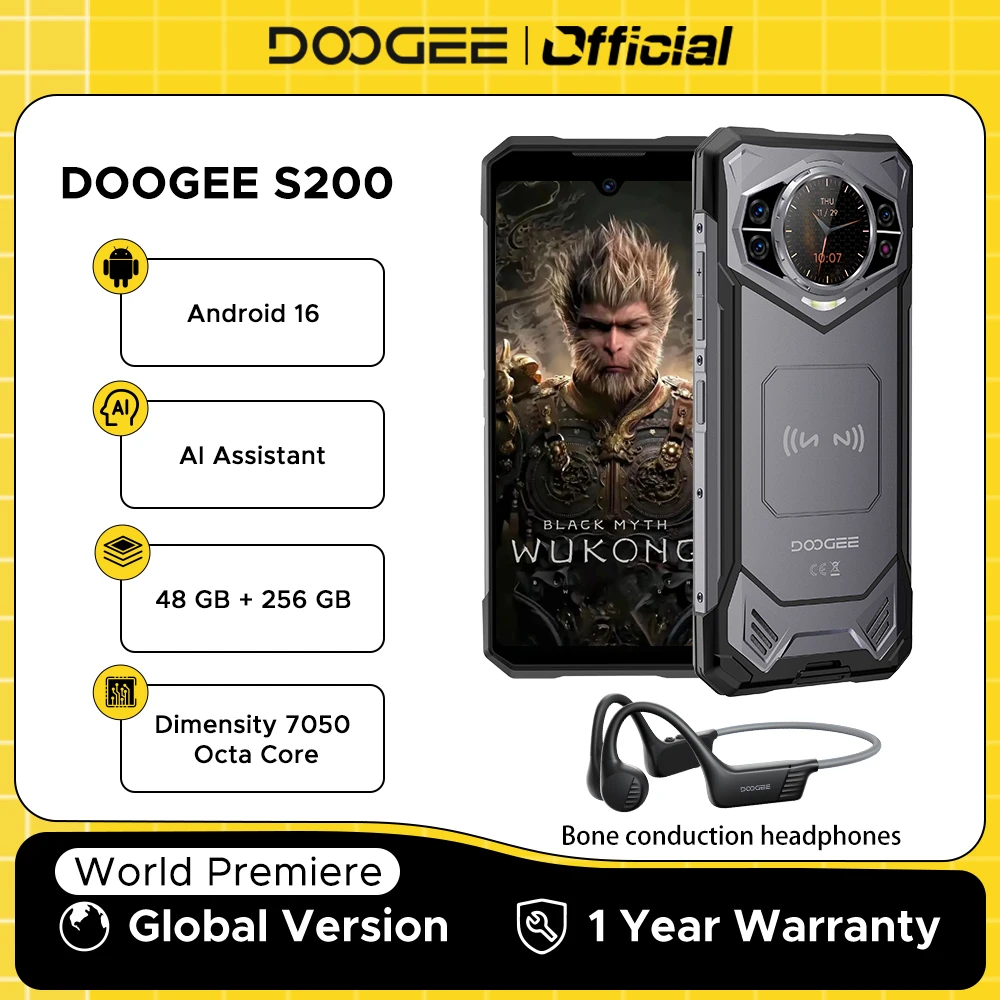 Weltpremiere DOOGEE S200 5G Robustes Telefon 6,72" 120Hz Display 48 GB RAM 256 GB ROM 100 MP AI Hauptkamera 10100 mAh Android 16 NFC Image
