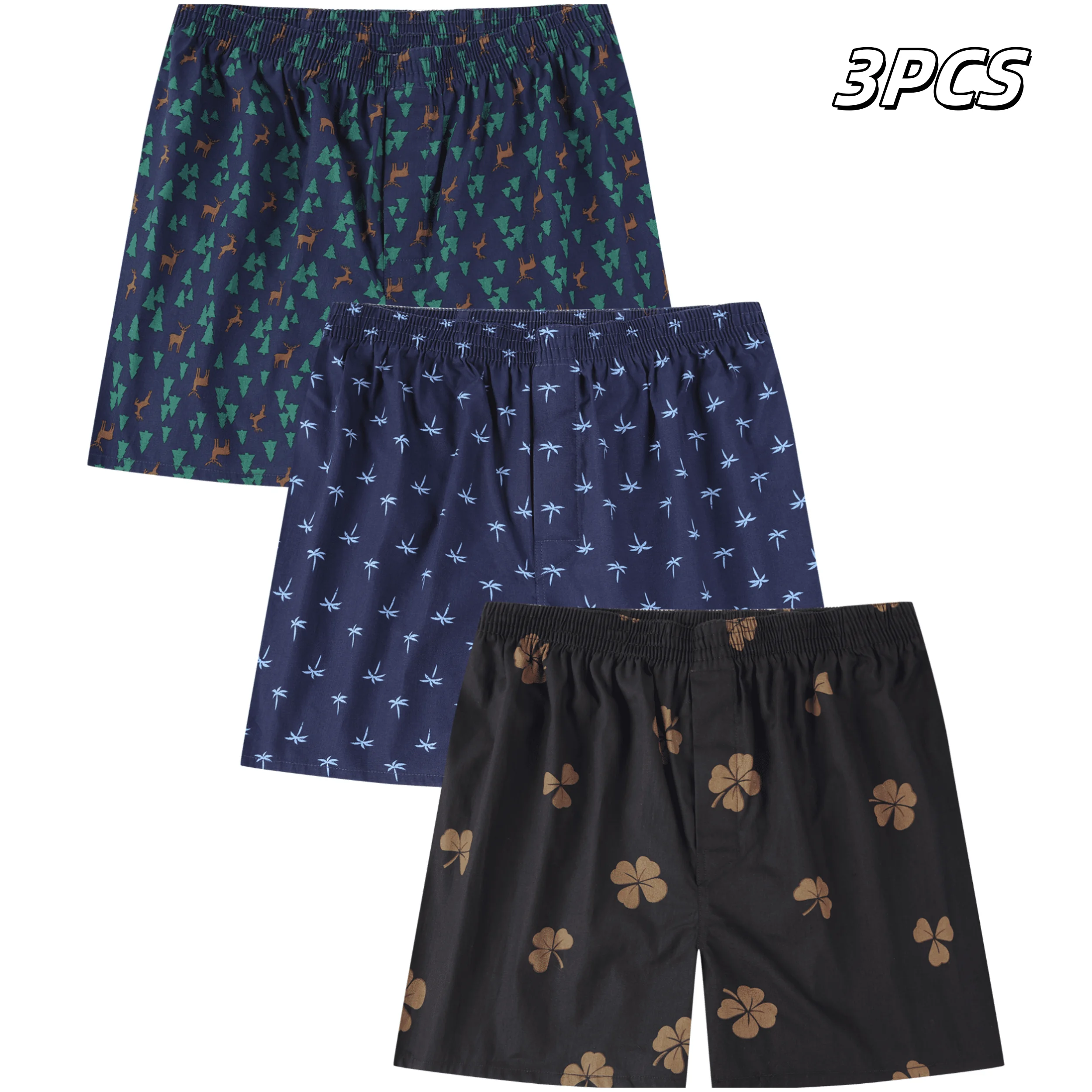3 Stück Herren-Boxer-Unterwäsche, modischer Blattdruck, hochwertige Baumwolle, antibakteriell, atmungsaktiv, bequem, dehnbar, Boxer-Sportshorts Image