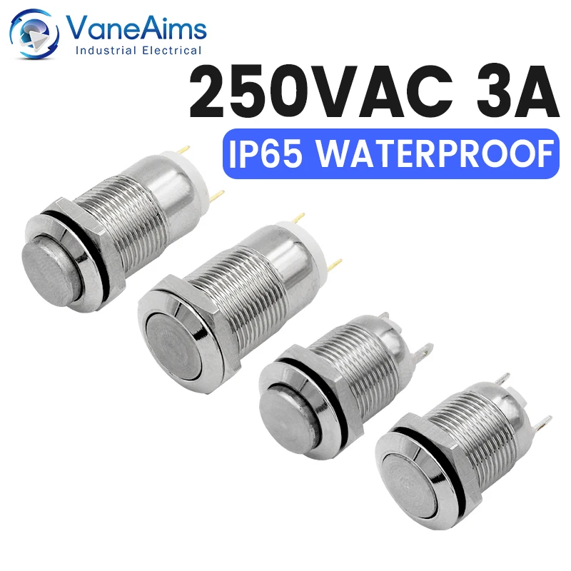 6 stücke 12mm Push Button Schalter Rast Momentary Selbst reset Wasserdichte Mini Elektrische Power-Taste Schalter Auf Off 2pin 1NO 3A/250 V Image