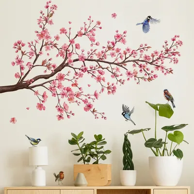 Pfirsichblüte Baum Zweig Vogel Wandaufkleber Wohnzimmer Hintergrund Wand Raumdekoration Image