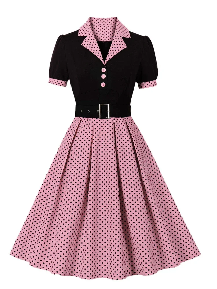 2024 neue Mode Polka Dot Vintage Plissee Kleider Retro Kerb Kragen Elegante Sommer Frauen Kurzarm Gürtel 1950er 60er Jahre Kleid