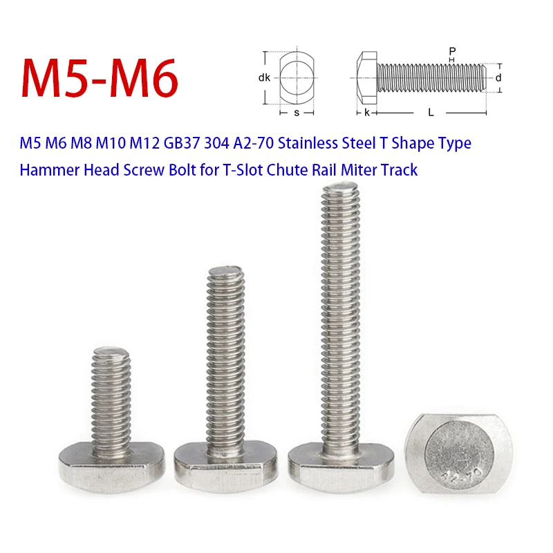M5 M6 M8 M10 M12 GB37 304 A2-70 Edelstahl T-Form Typ Hammerkopfschraube für T-Nut Rutsche Schiene Gehrungsschiene Image