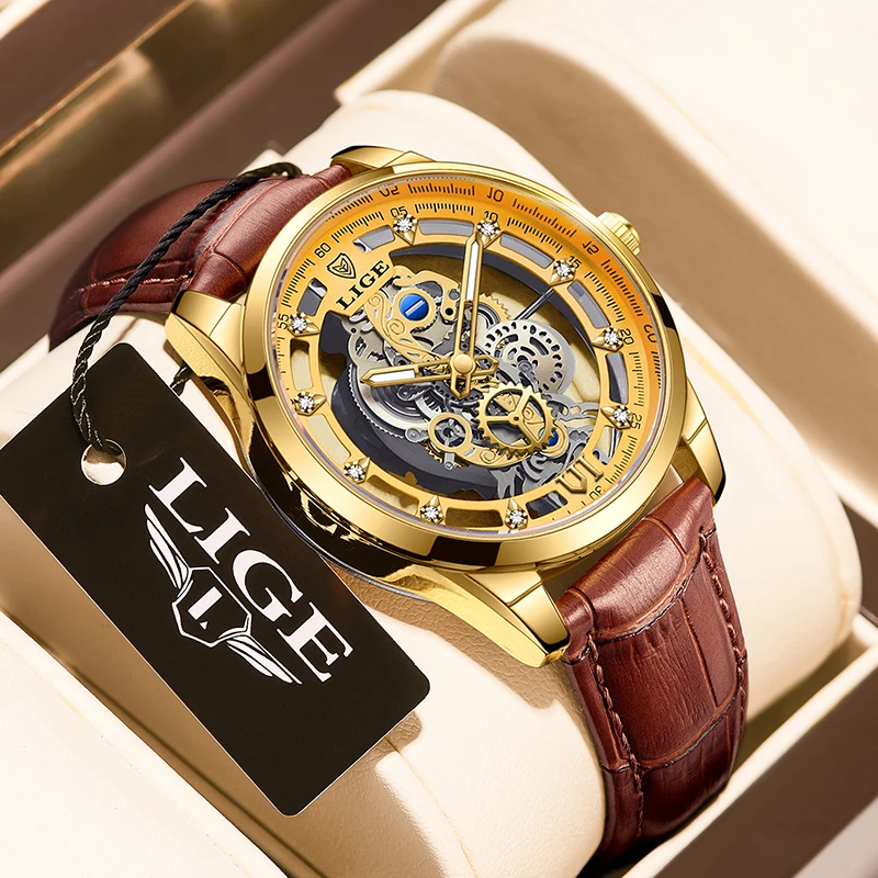 2025 LIGE Herrenuhr Skelett Automatik Quarzuhr Gold Skelett Vintage Herrenuhr Herrenuhren Top-Marke Luxus часы William