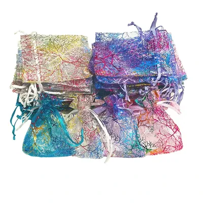 25/50/100pcs/lot Organza Gift Bag Jewelry Packaging Drawstring Bag Multi-size Colorful Coral