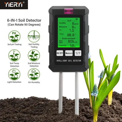 Yieryi Digital Soil Tester PH/Fertility/Moisture/Sunlight/Air Humidity/Temp 6 in 1 Soil PH Meter for