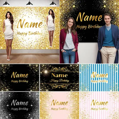 Custom Name Photo Birthday Backdrop Banner Black Gold Sign for Birthday Anniversary Party Photo