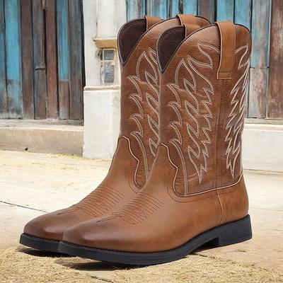 Men's Brown Western Cowboy Boots - Faux Leather with Embroidered Details for Classic Outdoor Style