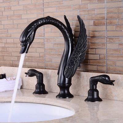 Widespread Bathroom Sink Mixer Faucet, 2 Handle 3 Holes Basin Taps Swan Noble Luxury Golden and Oil-rubbed Bronze Bath Taps